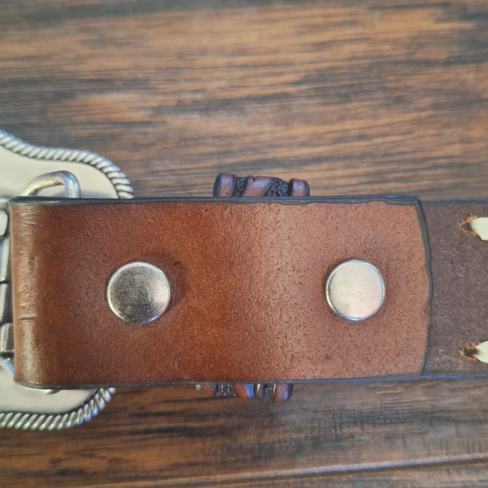 Nocona Brown Leather Floral Embossed Belt with Silver Bull Rider Buckle
